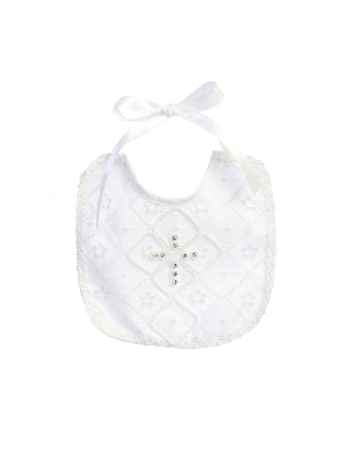 Tip Top Kids Unisex Baby White Rhinestone Cross Trimmed Satin Bib - SophiasStyle.com